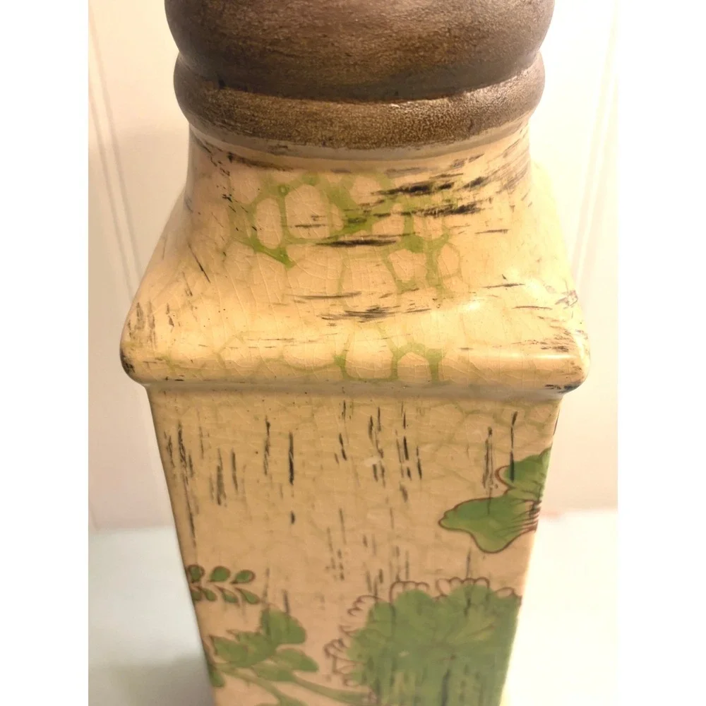 Vintage Style Floral Ceramic Pillar‎ Candle Holder Crackle Glaze Farmhouse 13.5